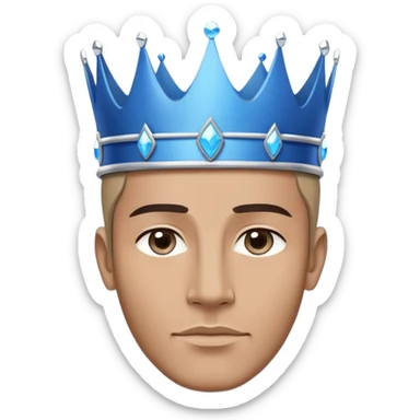 A clean-shaven man wearing a large, modern, minimalist blue crown that is bigger than his face. The crown has a wide, smooth base, no details or gemstones, and a sleek contemporary design. The overall style is minimalistic and elegant sticker