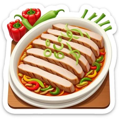 Twice Cooked Pork slices with leek and peppers, simplified emoji style with bold outlines and bright colors, cartoon style Hui Guo Rou Sichuan specialty sticker