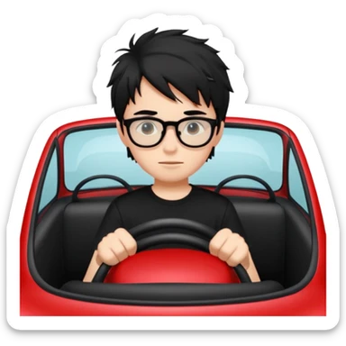 generate a pretty bratz fair skinned boy with black messy hair wearing a black tshirt driving a red car. Glasses on.  sticker