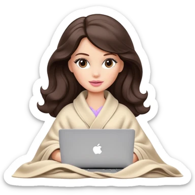 Barbie girl with a long wavy dark brown hair in pale beige clothes inside a pale beige blanket working macbook  sticker