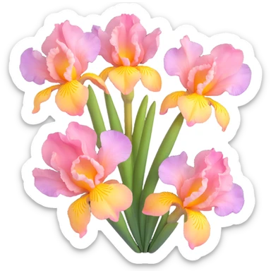 iris flowers with delicate pink petals and yellow accents, high gloss, soft shadows, realistic and vibrant, iOS 3D emoji style sticker