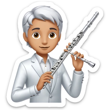Cinematic Realistic Flute, polished silver metal with precise keywork, soft reflections of warm light dancing along its length, a musician’s delicate fingers pressing the keys, glowing with a sleek and elegant charm. sticker
