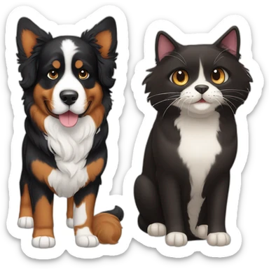 Bernese dog next to A brown and black cat without white fur sticker