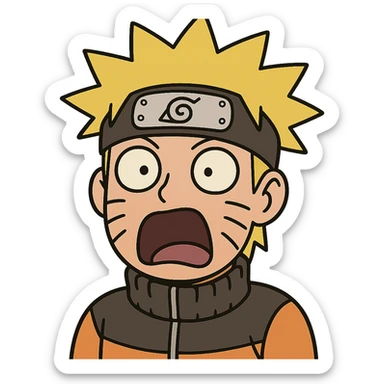 shocked Naruto with spiky blond hair, wide eyes, mouth open, orange headband, simplified anime style for emoji sticker