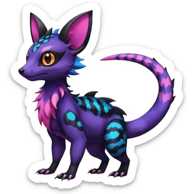 Rare epic aesthetic colorful Salandit-Noibat-Eevee-Civet-species-Fakemon-hybrid-creature, with markings, full body sticker