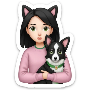 girl with side parted long black hair, wearing a light pink and green sweater, carrying a black and white border collie with perked ears sticker