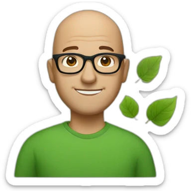 a middle aged bald man in square black glasses wearing a green shirt and holding a green leaf sticker