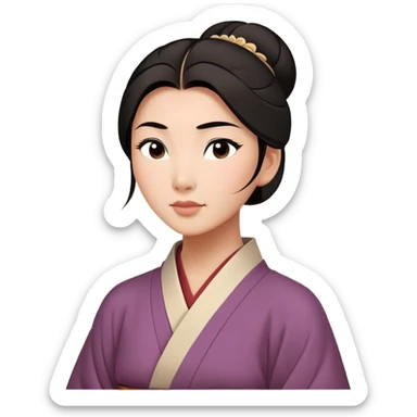 Cinematic Serene Mulan Portrait Emoji, rendered in a simplified vector style. Depict a gentle Mulan (chest and above) with warm, radiant skin, sleek dark hair pulled back in a neat bun, and a calm, thoughtful expression, wearing a simple traditional robe in muted hues. The design glows softly with an elegant, inviting light. sticker