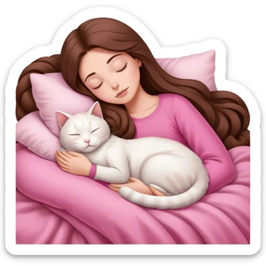 A pretty white girl with very long brown hair and pink clothing sleeping curled up to a white cat  sticker