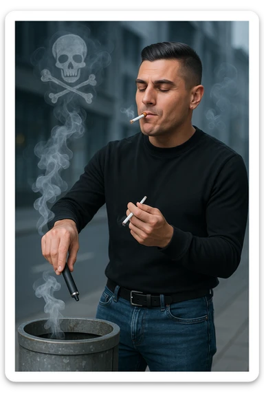 Adult man in casual clothes, inspired by the face in the reference photo, throwing an electronic cigarette into a trash bin while lighting a traditional cigarette with the other hand. Satisfied but unaware expression. In the background, light symbols of smoke and health damage manifesting from both cigarettes. Urban atmosphere, cold light, critical or reflective tone. Realistic style with symbolic accents. sticker