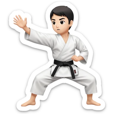 A disciplined karateka in white gi and black belt, performing a mid-side kick pose, calm facial expression with focused eyes, minimal but powerful, traditional Japanese dojo feel sticker