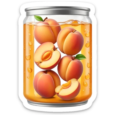 open metal can filled with golden peach halves submerged in glossy light syrup, smooth plump slightly translucent fruit pieces nestled in clear liquid, simple can no label or branding, apple emoji style, soft lighting, subtle shadows, transparent background, emoji scale sticker