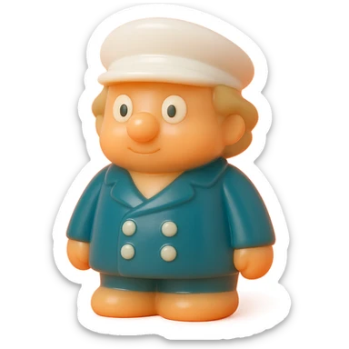 hyper-detailed retro 90's toy style semi-transparent soft plastic boat captain with derpy eyes natural colors tan skin white captain's hat navy jacket no tag no background soft reflections soft and squishy some cloudiness not shiny highly detailed appealing sticker