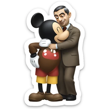 mr bean hugging with mickey mouse sticker