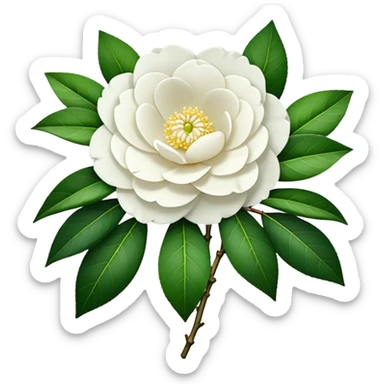 big bouquet White Camellia Japonica, luxuriant, stem, leaf sticker
