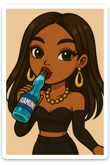 Change her pose to drinking blue Ramune soda from the classic glass bottle, headshot only, 20-year-old anime Bratz style woman with dark skin, straight hair, trendy outfit, big expressive eyes, glossy lips, no hat, no tears, happy expression, both eyes open, looking straight ahead. sticker