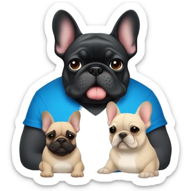 Man with blue eyes and black hair and a shirt that says “Lazy Bulls” and to his right is a fat blonde hair frenchie and to his left is a smaller dark gray fluffy frenchie  sticker
