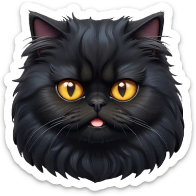 Cinematic Grumpy Frazzled Black Persian Cat Portrait Emoji, Head tilted with an exaggeratedly grumpy expression, fluffy black fur with hints of silver and deep undertones, Simplified yet hilariously frazzled features with large, expressive eyes, highly detailed, glowing with a warm but irritated glow, high shine, a mix of annoyed and disheveled, stylized with a touch of humor, bright but with a completely frazzled and grumpy face, soft glowing outline, capturing the essence of a quirky yet grumpy kitty, so endearing it feels like it could leap out of the screen and demand attention with its wonderfully grumpy, frazzled charm! sticker
