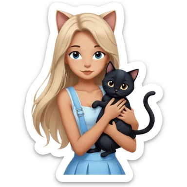 A sexy girl with long hair wearing a light blue suspender skirt hugs a black cat tightly sticker