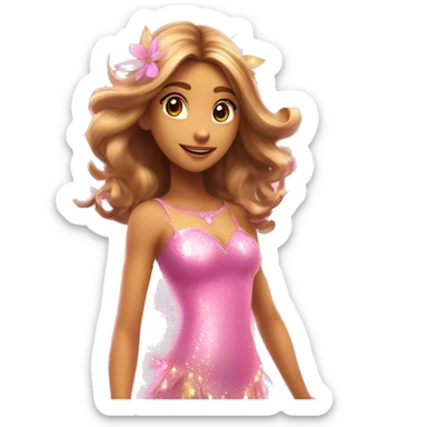 Flora the adult latina fairy of nature in her enchantix fairy pink clothing and fairy enchantix wings and long light brown hair from winx club. Small eyes, Lots of sparkles and fairydust   sticker
