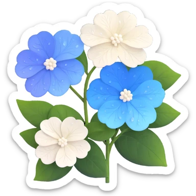 White and blue gradient hydrangea (ajisai) flower in Japanese woodblock print style, with seasonal rain elements and kanji-inspired background, Edo period aesthetic sticker