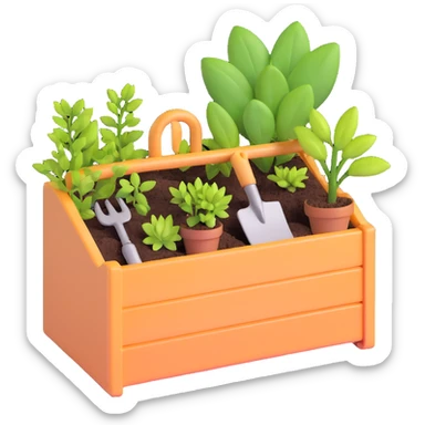 spring gardening tool box with small plants sticker