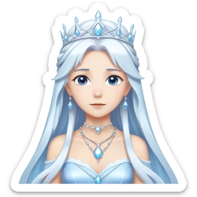 Shiny cute mature Beautiful anime ice queen with white long pretty hair with light-blue streaks, wearing an icy thin long dress and a silver tiara, necklace,  sticker