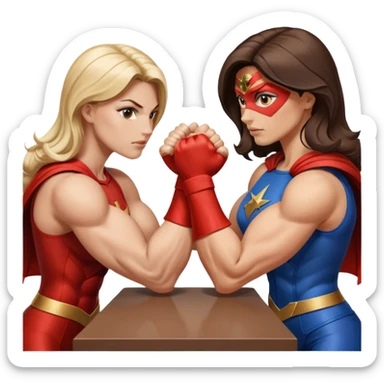 2 women superheroes arm wrestling each other sticker