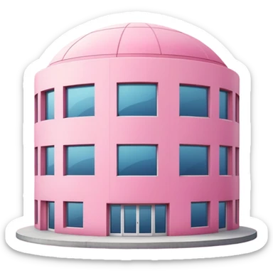 large pink building or bank with huge windows, round groundplan, emoji style, more architectural details sticker