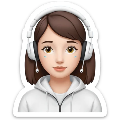 burnette girl listening to music with some AirPods Max sticker