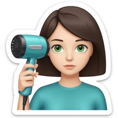 brunette bob girl hair stylist with blue green eyes holding a hair dryer sticker