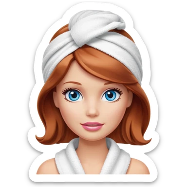 A Barbie face blue yeas with shoulder-length reddish brown hair, makeup with cream on face and a towel on her head sticker