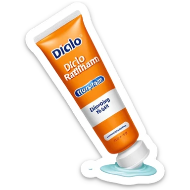 an empty, oversized and totally squeezed out tube of toothpaste labelled "Diclo ratiopharm". It is squeezed out to the last drop. Basic color is orange yellowish. sticker