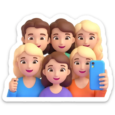 a group of friends taking a selfie, 3D emoji style, smiling, fun, bright colors sticker