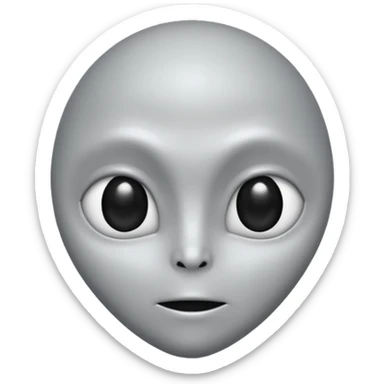 Grey alien head, almond-shaped black eyes, pale grey skin, cartoon emoji, no background sticker