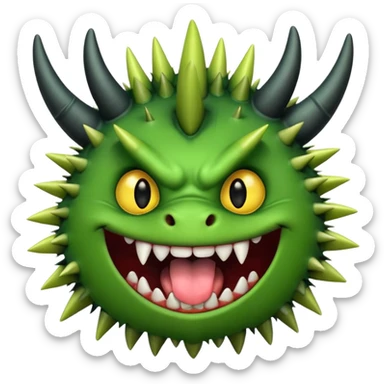 A green monster with two small black horns, spiky fur, big round yellow eyes, and a wide grin showing sharp teeth with its tongue playfully sticking out.  sticker