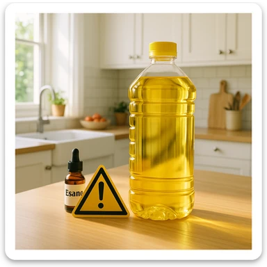 bright and healthy kitchen with an elegant bottle of vegetable oil (sunflower or soybean) prominently displayed; nearby a small bottle labeled 'Esano' and a warning sign to create visual tension; natural light with delicate shadow on the oil bottle sticker