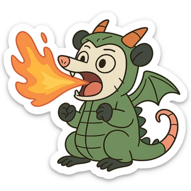 cute cartoon possum breathing fire, dressed as a dragon with wings, flat toon style sticker