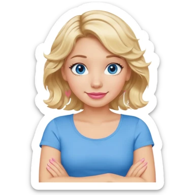 Girl Blonde short wavy hair,  blue eyes, cute blue top, long lashes, pink lips, smiling, making cross arms with arms  sticker