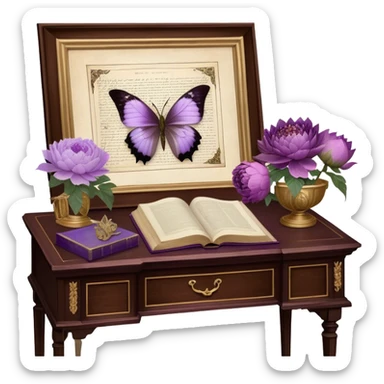 Amidst a vintage study, an aged botanical journal with gilded pages rests on a mahogany desk, its parchment adorned with carefully preserved lilac roses, ice violet peonies, and amethyst dahlias, while a pearl butterfly flutters briefly before settling on a handwritten annotation, as if drawn to the wisdom of the past sticker
