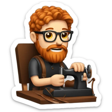 Red haired man with beard and glasses hand sewing a leather saddle sticker