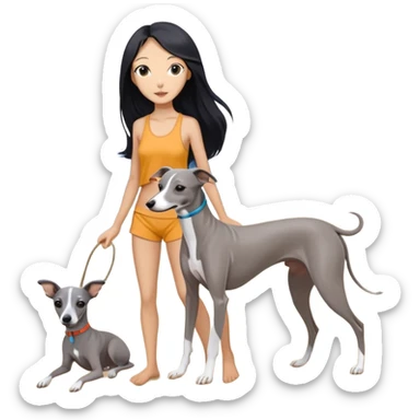 Slim Chinese woman with long black hair in appropriate beach attire at the beach with her completely solid grey Italian greyhound, ocean and sand visible, the dog has absolutely no white markings anywhere sticker