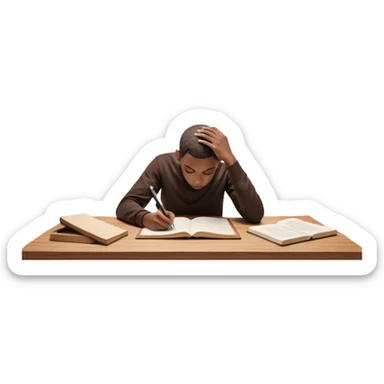 A person sits at a desk with their head down, surrounded by swirling stress clouds. In front of them, a glowing version of their "future self" reaches out, handing them a pen. As they take the pen, the stress clouds begin to dissolve, symbolizing how action breaks procrastination  sticker