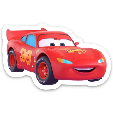 Lightning McQueen, shiny red race car, big smile, 3D emoji style sticker