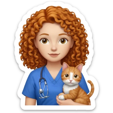 a ginger curly hair vet woman with blue scrub holding a cat sticker