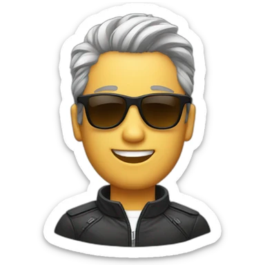 A man wearing shades and wearing a jacket with fancy hair  sticker