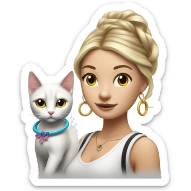 White girl with hoop earrings and hula hoop with white and black cat sticker