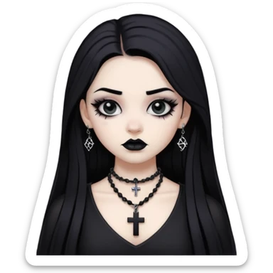 goth bad girl with white white skin and black long hair and black eyeliner and black Shadow behind the eyelid and light black lipstick with goth cross Necklace and goth dress sticker