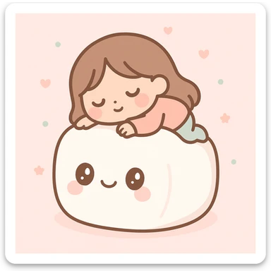 brunette girls napping on a fluffy marshmallow, cozy, gentle lighting, cute illustration, soft pastel colors sticker
