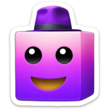 purple gradient smiling cube with 2 hands on its side and 2 legs below with a hat sticker